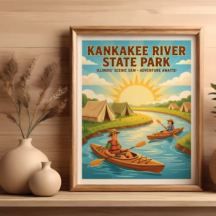 Framed vintage-style poster with kayaks on Kankakee River, tents, and sun.