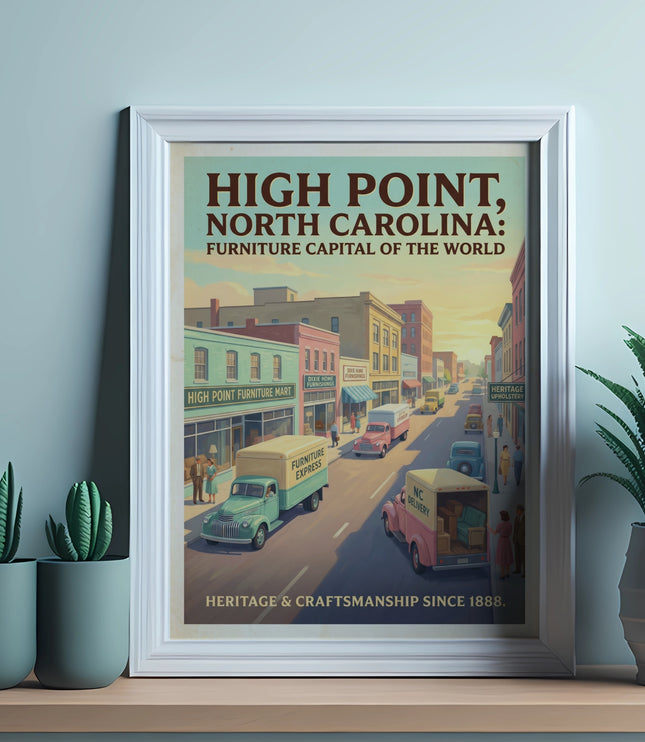 Poster with vintage illustration of High Point, North Carolina, depicting street scene with trucks.
