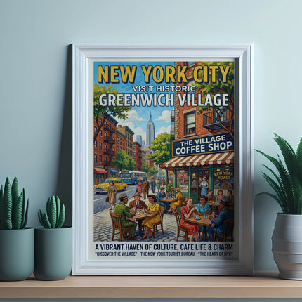 New York City Greenwich Village vintage travel poster with coffee shop and people.