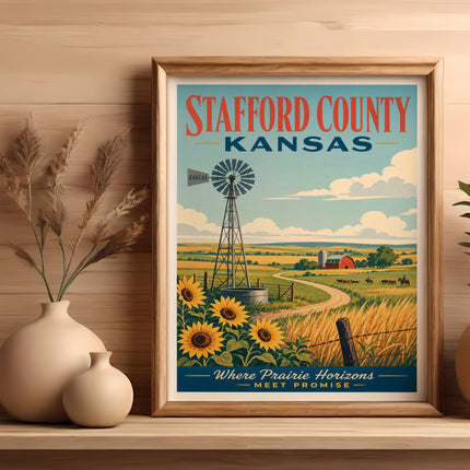 Stafford County, Kansas, retro travel poster with windmill and sunflowers.