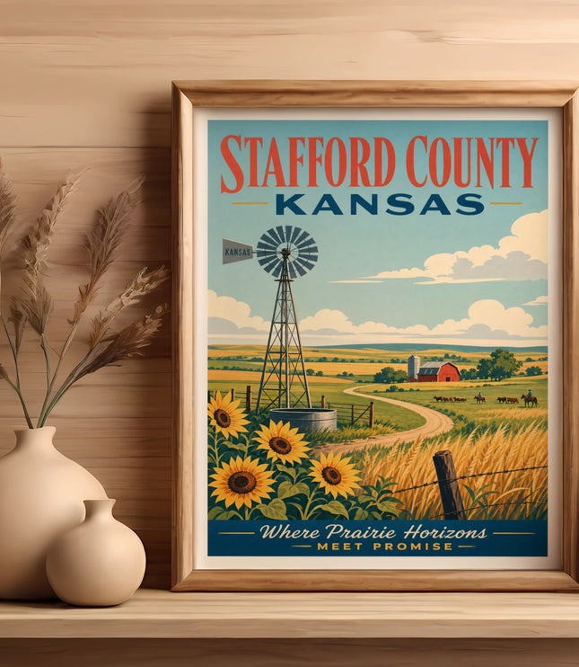 Stafford County, Kansas, retro travel poster with windmill and sunflowers.