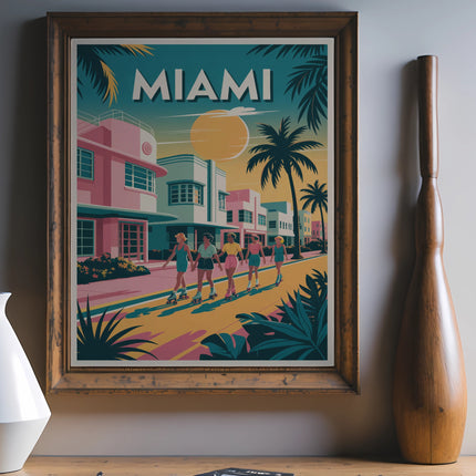 Retro Miami beach scene with palm trees and people rollerblading.