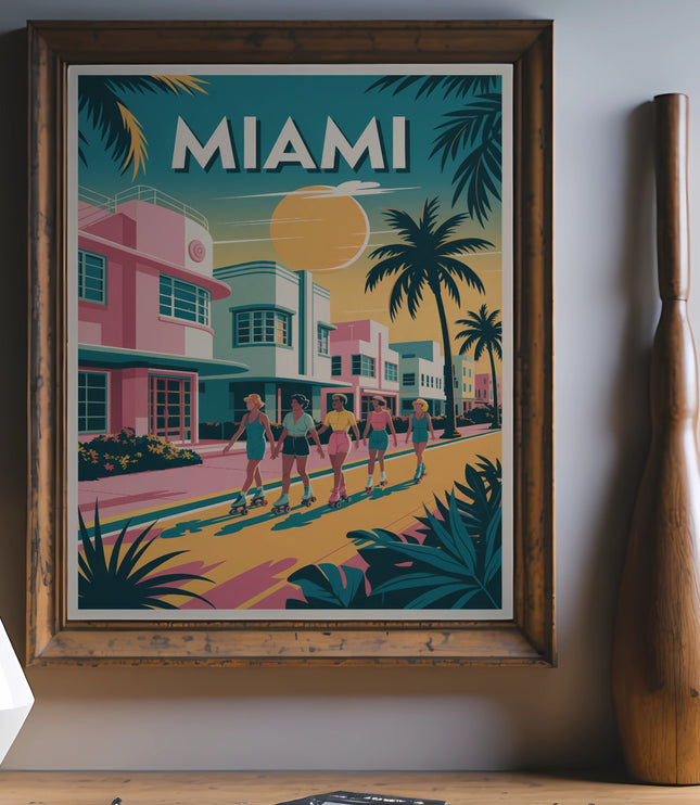 Retro Miami beach scene with palm trees and people rollerblading.