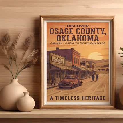 Vintage poster of Osage County, Oklahoma, featuring Pawhuska and a prairie scene.