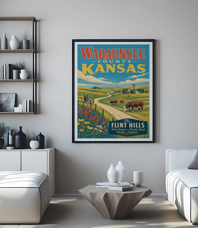 Vintage Wabaunsee County Kansas Flint Hills travel poster with cows and flowers.