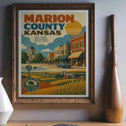 Marion County Kansas poster with towns, horizons, and people.