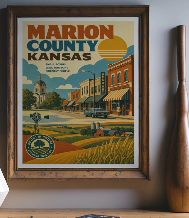 Marion County Kansas poster with towns, horizons, and people.