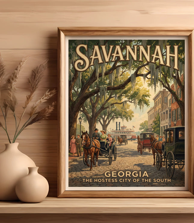 Vintage poster of Savannah, Georgia, with horse-drawn carriages and a riverboat.
