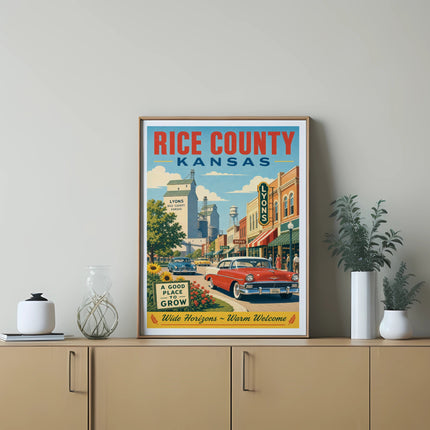 Vintage travel poster for Rice County, Kansas, featuring Lyons and 1956.