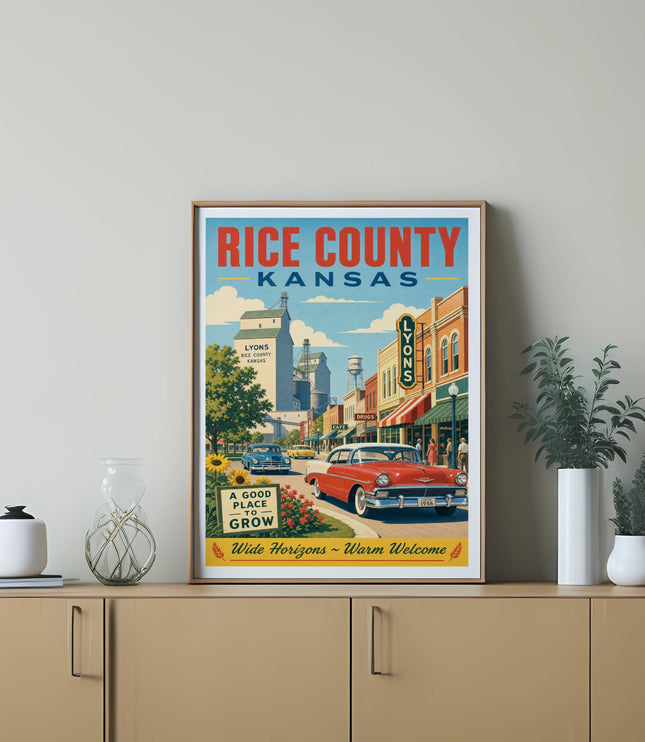 Vintage travel poster for Rice County, Kansas, featuring Lyons and 1956.