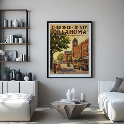 Cherokee County, Oklahoma Tahlequah Historic Capital vintage travel poster.