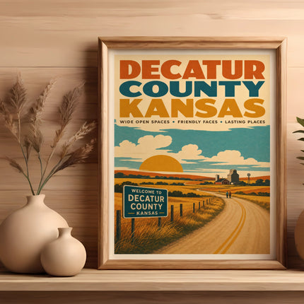 Vintage poster for Decatur County, Kansas, featuring a road and farmland.