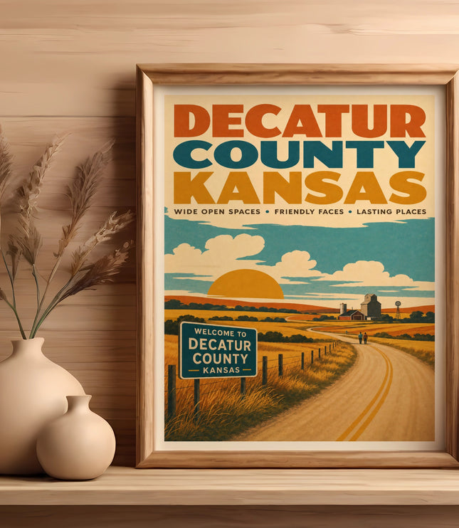 Vintage poster for Decatur County, Kansas, featuring a road and farmland.