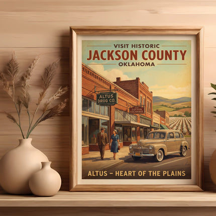 Vintage poster for Jackson County, Oklahoma with a town street scene and cotton fields.