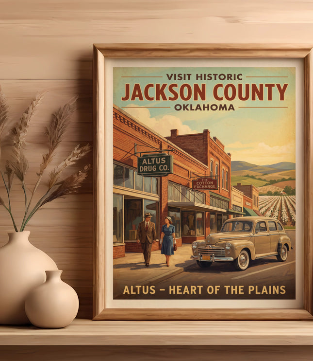 Vintage poster for Jackson County, Oklahoma with a town street scene and cotton fields.