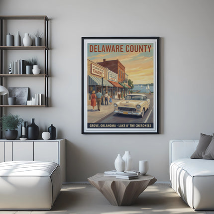 Delaware County retro travel poster with text Grove, Oklahoma - Lake O' The Cherokees.