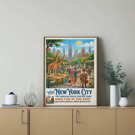 Vintage poster for Central Park Zoo, New York City, featuring giraffes and people.