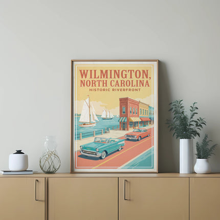 Wilmington, North Carolina Historic Riverfront vintage poster with cars and sailboats.
