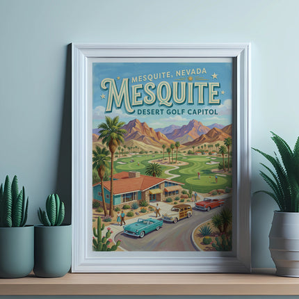 Framed poster of Mesquite, Nevada, Desert Golf Capitol with desert golf course scene.