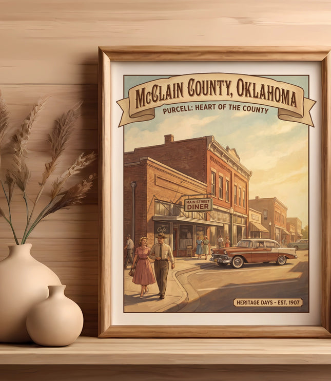 McClain County, Oklahoma poster shows a vintage Main Street scene with a diner and classic car.