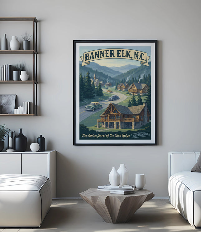 Retro travel poster showing Banner Elk, NC, the Alpine Jewel of the Blue Ridge.