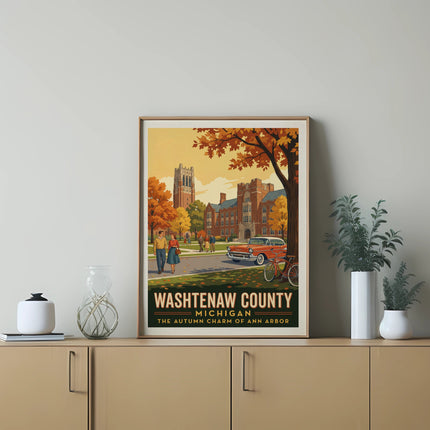 Washtenaw County Michigan autumn charm Ann Arbor poster with vintage buildings and car.