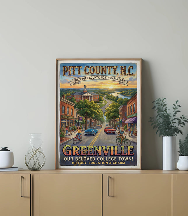 Pitt County, N.C. vintage travel poster featuring Greenville, our beloved college town.