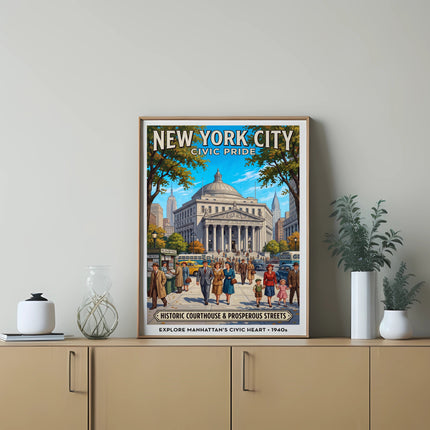 New York City poster: Historic Courthouse & Prosperous Streets, 1940s.