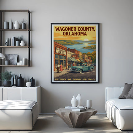 Wagoner County Oklahoma vintage travel poster with town and lake scene.