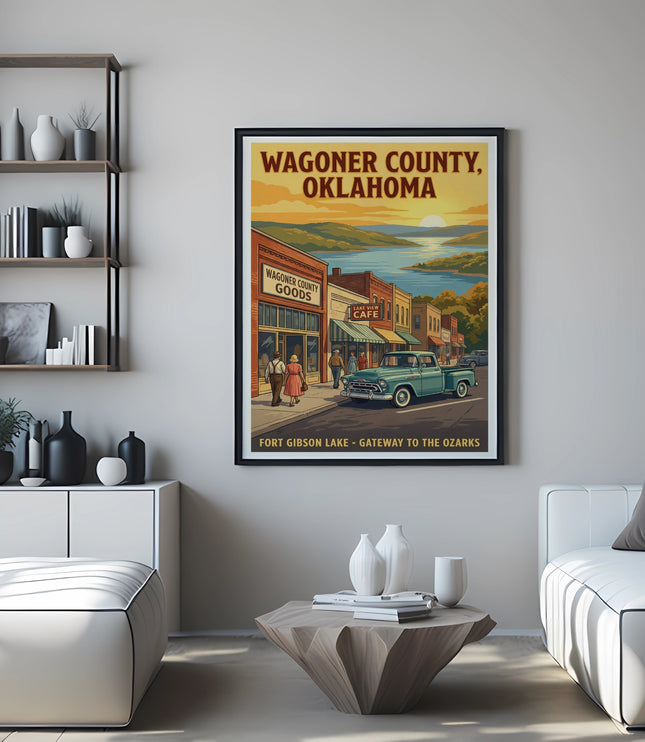 Wagoner County Oklahoma vintage travel poster with town and lake scene.