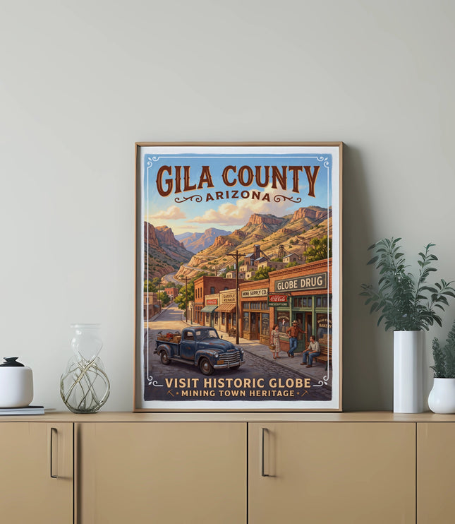 Gila County Arizona poster showing historic Globe mining town with truck and shops.
