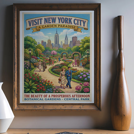 Vintage poster advertising New York City botanical gardens in Central Park.