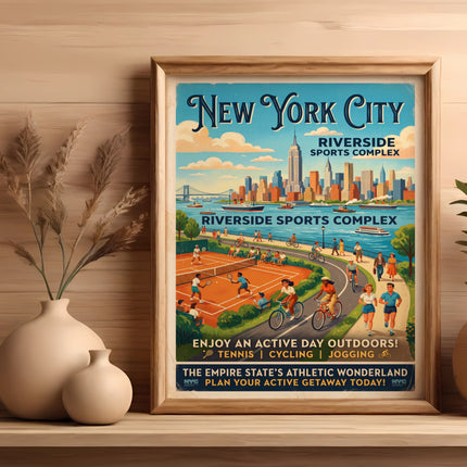 Vintage poster of New York City Riverside Sports Complex with activities.