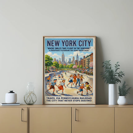 New York City poster with children skating, travel via Pennsylvania Railroad.