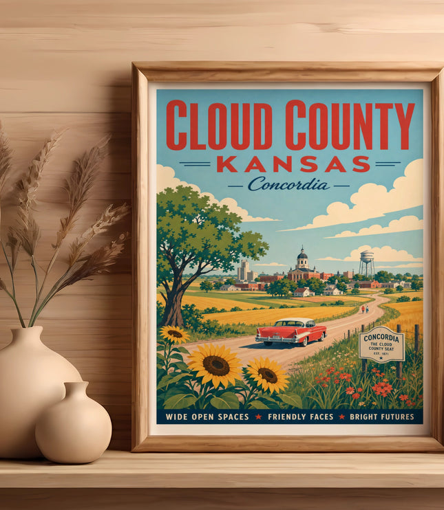 Vintage poster for Cloud County, Kansas, showing a red car and sunflowers.
