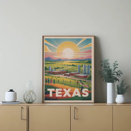 Texas skyline with buildings and a Texas flag.