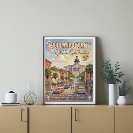 Richland County South Carolina poster featuring historic streets and the capitol building.