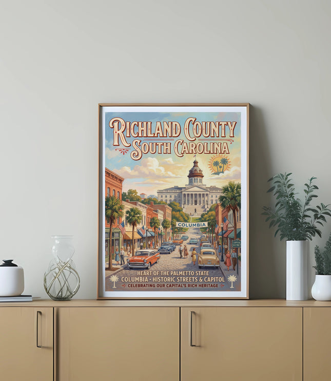 Richland County South Carolina poster featuring historic streets and the capitol building.
