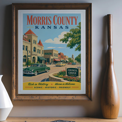 Morris County Kansas historic Main Street poster with "Council Grove" and "Scenic Historic Friendly".