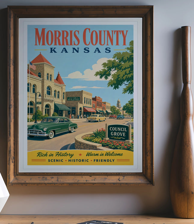 Morris County Kansas historic Main Street poster with "Council Grove" and "Scenic Historic Friendly".