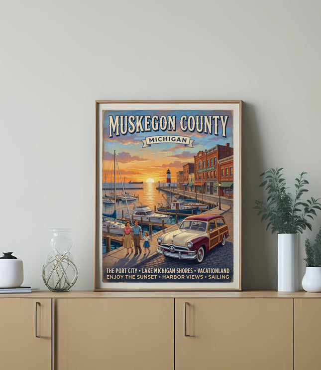 Muskegon County Michigan poster with harbor, sunset, vintage car, and family.