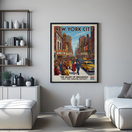 New York City poster with "The Heart of Broadway" and theater names.