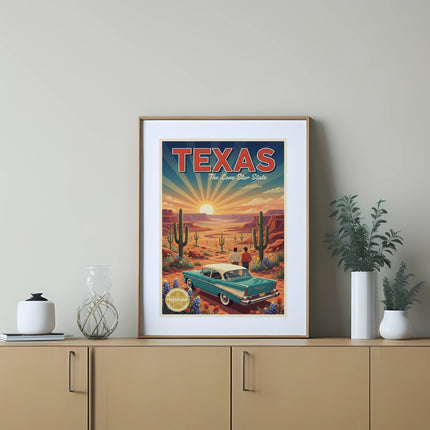 Retro turquoise car parked in a desert landscape with "Texas" text.
