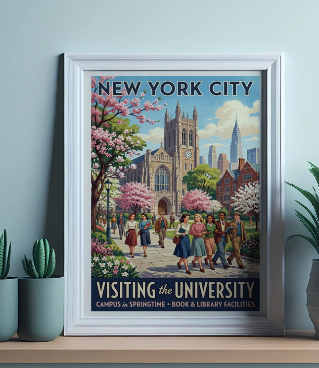 "New York City Visiting the University" poster with students walking on campus.