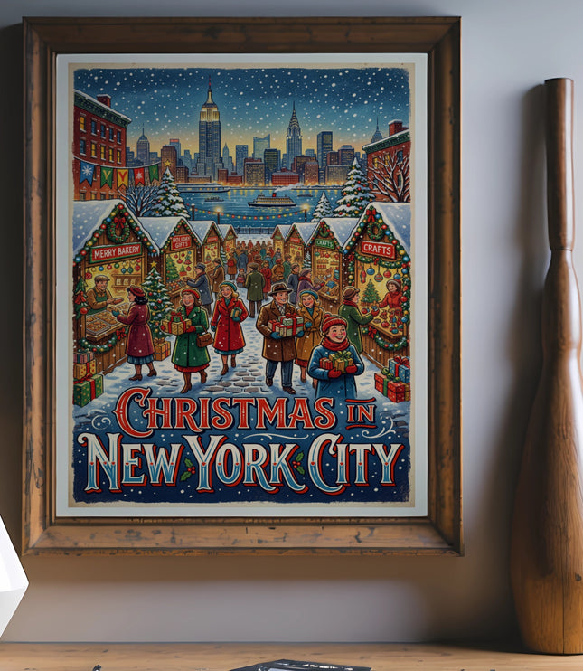 Poster showing a snowy Christmas market in New York City with iconic skyline.