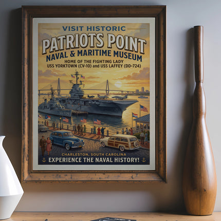 Patriots Point Naval & Maritime Museum vintage poster with ships, planes, cars, and people.