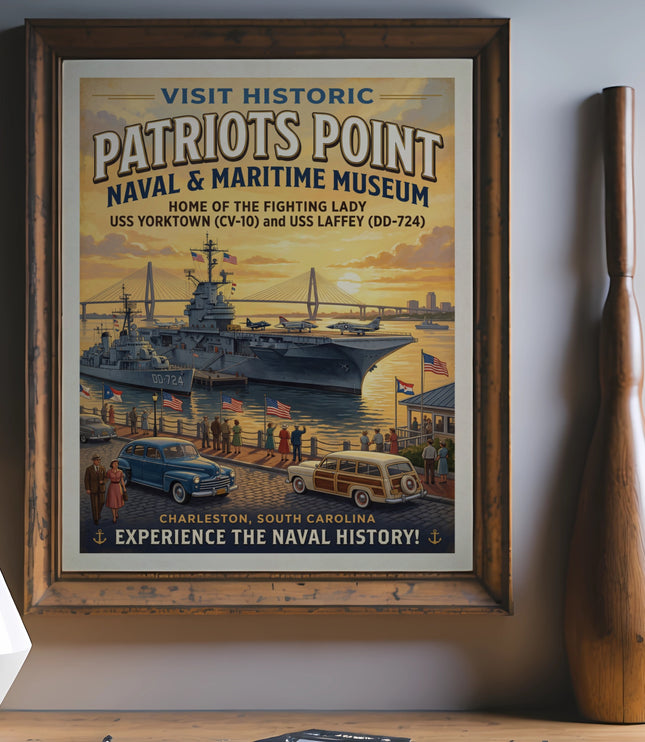 Patriots Point Naval & Maritime Museum vintage poster with ships, planes, cars, and people.