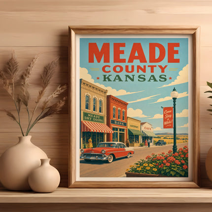 Vintage travel poster for Meade County, Kansas, featuring a street scene.