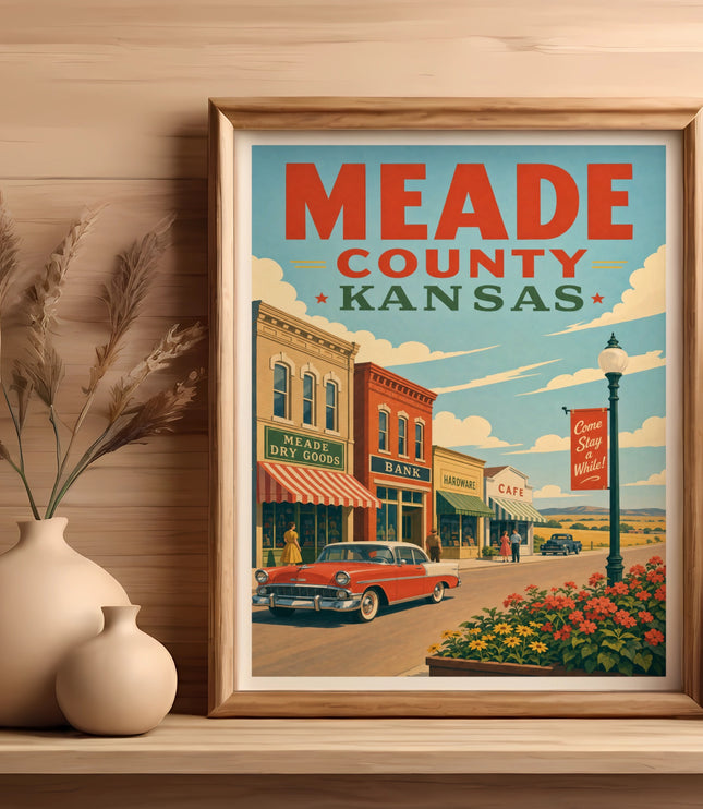Vintage travel poster for Meade County, Kansas, featuring a street scene.