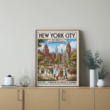Vintage "New York City The Lively Medical Campus" poster with people and buildings.